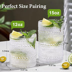 Hobnail Drinking Glasses Set of 8, 4pcs 15oz Highball Glasses & 4pcs 12oz Clear Glass Cups,Kitchen Bar Vintage Embossed Glassware Sets for Whiskey,Cocktail,mocktails,Wine, Water & Juice Drinkware
