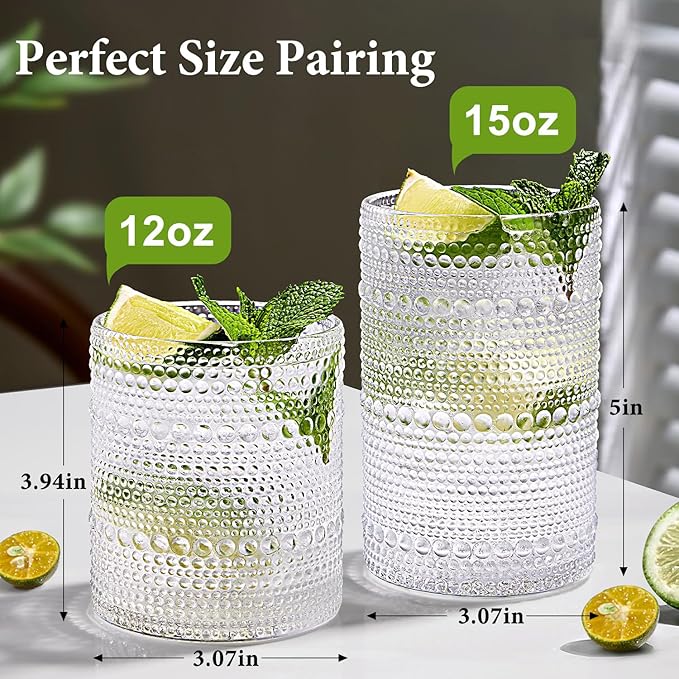 Hobnail Drinking Glasses Set of 8, 4pcs 15oz Highball Glasses & 4pcs 12oz Clear Glass Cups,Kitchen Bar Vintage Embossed Glassware Sets for Whiskey,Cocktail,mocktails,Wine, Water & Juice Drinkware