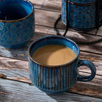 Large Ceramic Coffee Mug Set of 4 with Stand, 15 Oz Stackable Different Embossment Ribbed Latte Cup Set for Cappuccino, Tea, Hot Cocoa, Drinks - Dishwasher & Microwave Safe, Blue