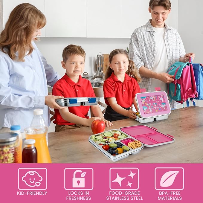 MaMix Bento Lunch Box Stainless Steel,3 Compartments Leak-Proof Bento Box for Sandwich, Lunch Containers Freezer Safe (pink)