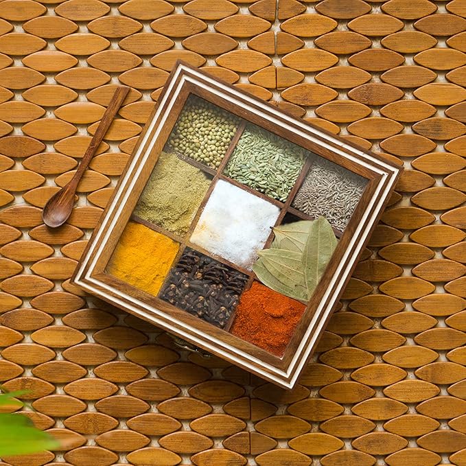 ExclusiveLane Wooden Spice Box | Masala Dabba with 9 Compartments | Size - 8x8x2 inches | Namak Daani with Spoon & See Through Lid | Sheesham Wood Spices Organizer | Kitchen Spices Container