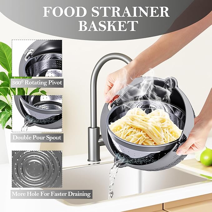 4-in-1 Colander with Bowl Set – Food Strainers and Colanders - Stainless Steel Rotatable Strainer for Fruits & Veggies – Pasta Strainer - Kitchen Essentials - Grey