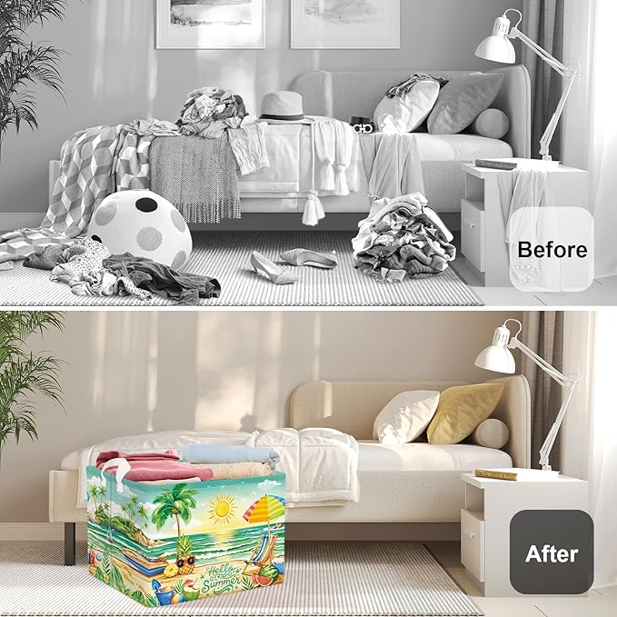 Summer Tropical Beach Storage Basket Collapsible Clothes Kid Laundry Hamper Palm Tree Large Picnic Basket Boy Girl Book Toy Box Bin, Green, 36L