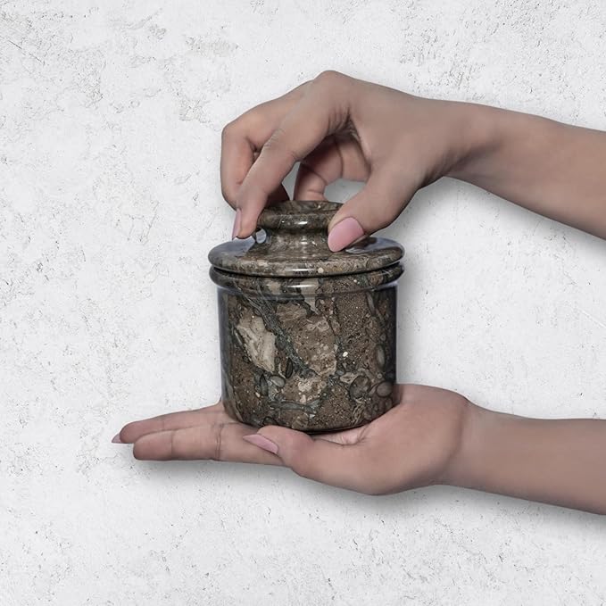 Oceanic Marble Butter Crock with Lid: 4" Gray Marble Handmade Butter Storage Dish - Stylish Kitchenware