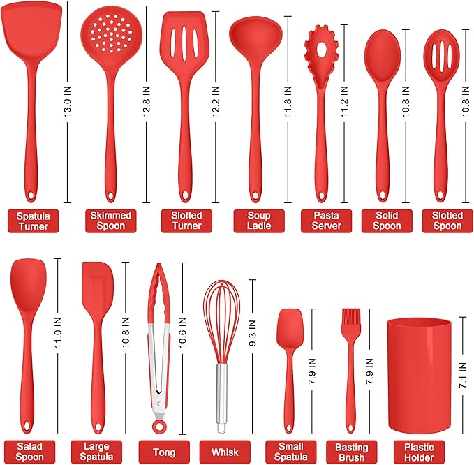 HaWare Kitchen Utensils, 14 PCS Silicone Cooking Utensils Set, Heat Resistant Kitchen Utensils for Non-stick Cookware, Kitchen Gadgets Tools with Spoons, Spatulas, Whisk, Dishwasher Safe (Red)
