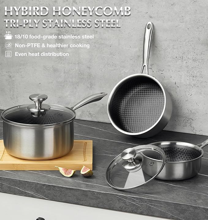 KOCH SYSTEME CS Hybrid Nonstick Stainless Steel Saucepan Set, 6-Piece Triply Stainless Steel Saucepan Set with Hybrid Honeycomb Interior, 1QT & 2QT & 3QT Sauce Pans, Induction Ready, Steel Pot Set