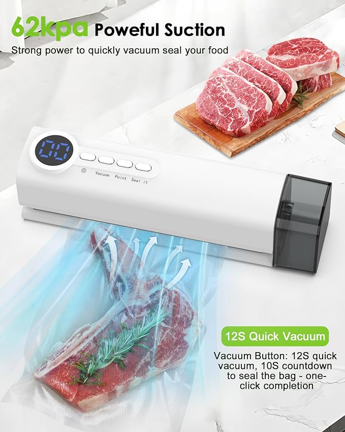 Small Magnetic Vacuum Sealer for Food, 62 Kpa Strong Suction, 3-in-1 Cordless Rechargeable Food Sealer with 1 Vacuum Bag & 4 Snack Bags, Heat Sealer, Inflation Pump for Balls/Swim Ring - White
