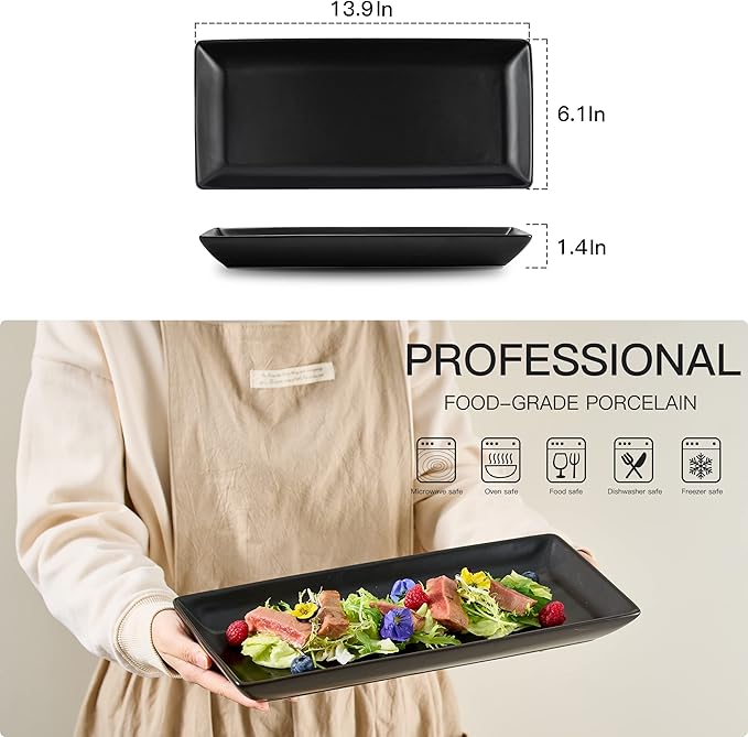 Gomakren Serving Platter Serving Dishes, 14 Inch Porcelain Serving Trays for Party, Large Serving Platters and Trays, Rectangular Sushi Plates for Entertaining Thanksgiving, Set of 4, Black