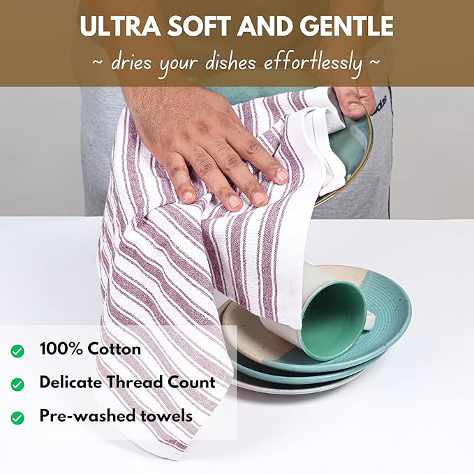 Native Fab Kitchen Dish Towels 16x26 inches - Set of 12 - Basket Weave 100% Cotton Striped Tea Towels, Wash Cloths for Drying Dishes, Absorbent Hand Towels with Hanging Loop - Burgundy