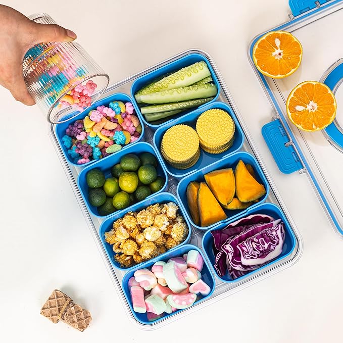 Divided Snack Serving Tray with Lid and Handle Travel Snackle Charcuterie Container Portable Storage Organizer for Candy, Fruits, Nuts, Snacks, Party, Picnic (1pack, Cerulean)