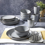 Gibson Home Rockaway Round Dinnerware, Service for 4 (16pcs), Grey/Gold Rim