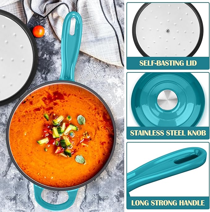 E-far Enameled Cast Iron Sauce Pan, 2 Quart Dutch Oven Saucepan with Lid, Small Sauce Pot for Cooking, Boiling, Healthy & Non Toxic, Induction & Oven Safe, Green