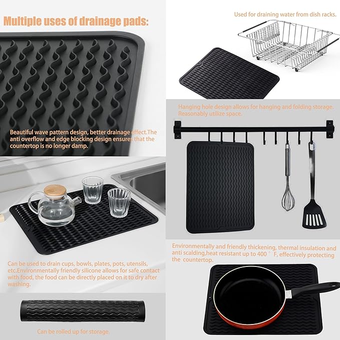 Stainless Steel Dish Drying Rack(15"L x 8.3"W x 4.2"D), Expandable Fruit & Vegetable Drain Rack over Sink, Dish Drainer Rack in Sink, with Stainless Steel Utensil Holder & 16" Silicone Mat