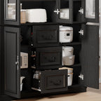 YITAHOME 71" H x 47" W Kitchen Pantry with 3 Drawers, Large Storage Cabinet with 3 Glass Doors & Adjustable Shelves, Freestanding Tall Display China Cabinet for Living & Dining Room, Black