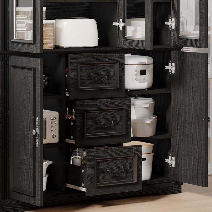YITAHOME 71" H x 47" W Kitchen Pantry with 3 Drawers, Large Storage Cabinet with 3 Glass Doors & Adjustable Shelves, Freestanding Tall Display China Cabinet for Living & Dining Room, Black