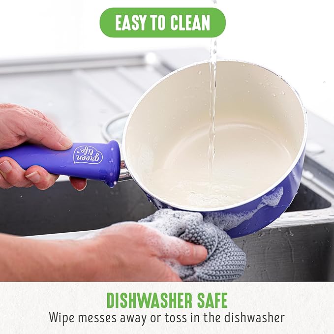 GreenLife 16 Piece Nonstick Cookware Set, Soft Grip Non-Toxic PFAS-Free Ceramic Pots & Pans, Dishwasher & Oven Safe, Frying, Sauce, Utensils, Glass Lids, Stay-Cool Handles, Wobble Free, Periwinkle