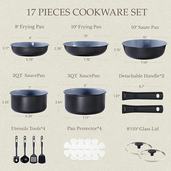 CAROTE 17PCS Ceramic Cookware Sets, Black and Gray, Pots and Pans Set Non Stick Non Toxic, Induction Cookware, Kitchen Cookware Sets, Pots Set for Healthy Cooking