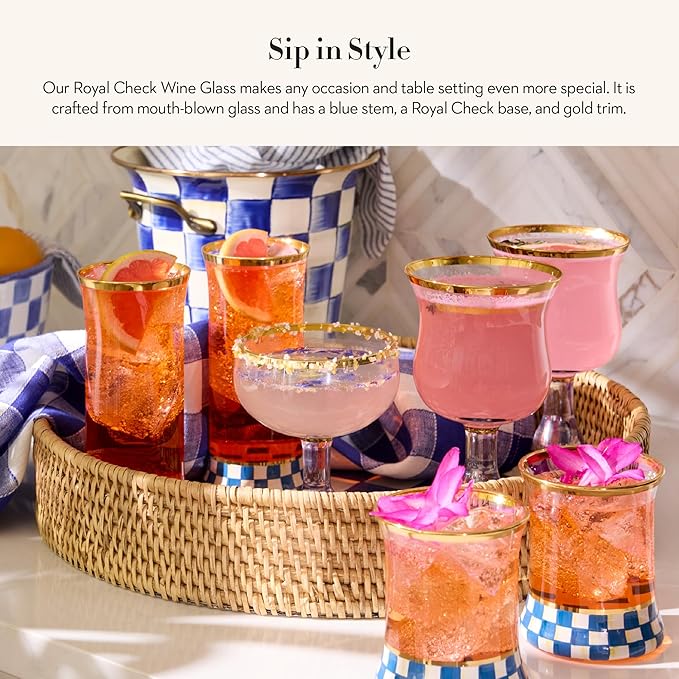 MACKENZIE-CHILDS Stemmed Wine Glass, Decorative Glassware, 16 Ounces, Blue-and-White Royal Check