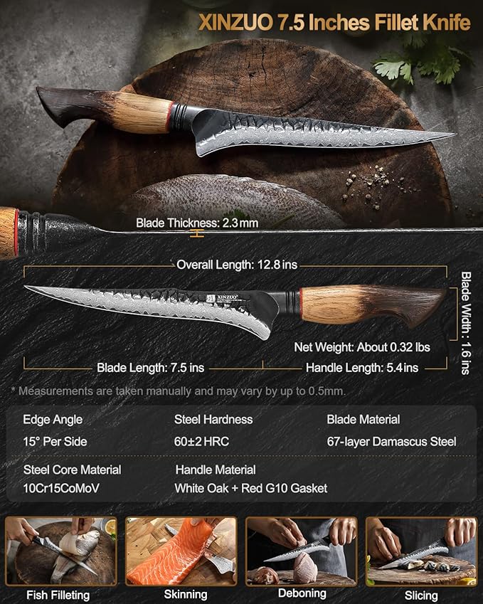 XINZUO 7.5 Inch Fillet Knife For Fish,Damascus Super Steel Boning Knife For Meat Chicken Cutting, Professional Sharp Kitchen Fishing Fillet Knife With Ergonomic Handle