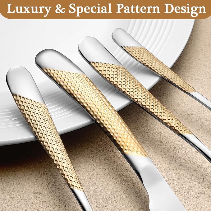 16 Piece Gold Hammered Silverware Set for 4, Premium Food-grade Stainless Steel Flatware Set, Luxury Design & Mirror Polished Cutlery Set, Eating Utensil Set with Fork Knife Spoon, Dishwasher Safe