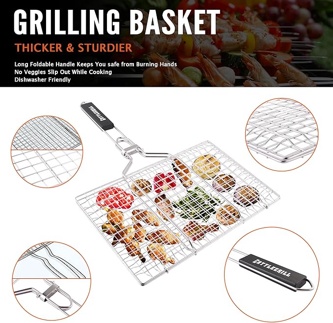 Foldable BBQ Fish Grill Basket with 430 Stainless Steel, Grill Set Includes: a Reusable Grill mat and a basting Brush.