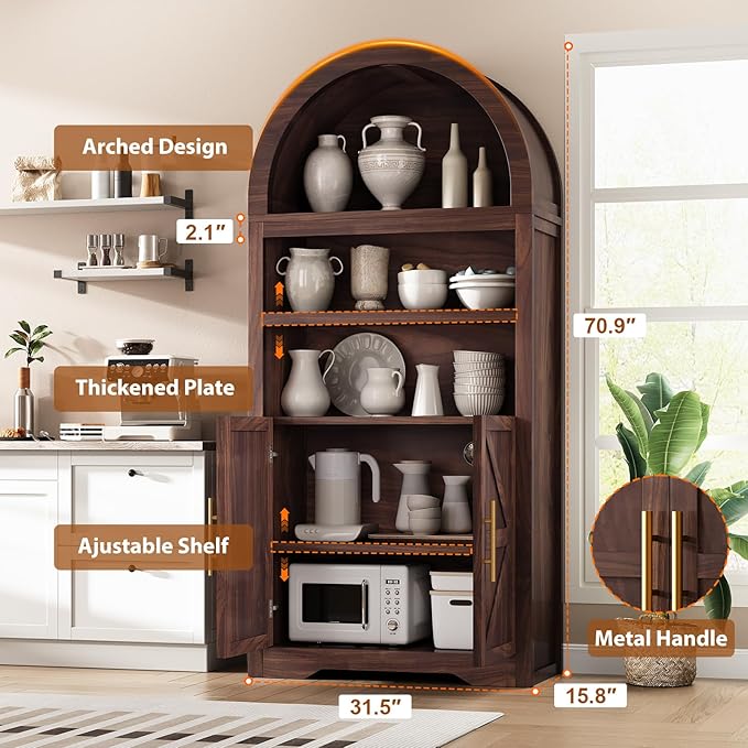 Kitchen Pantry Cabinet, Arched Bookshelf Bookcase China Pantry Storage Cabinet with Doors and Shelves,71“ Tall Food Pantry Funiture for Living Room,Dining Room (Walnut)