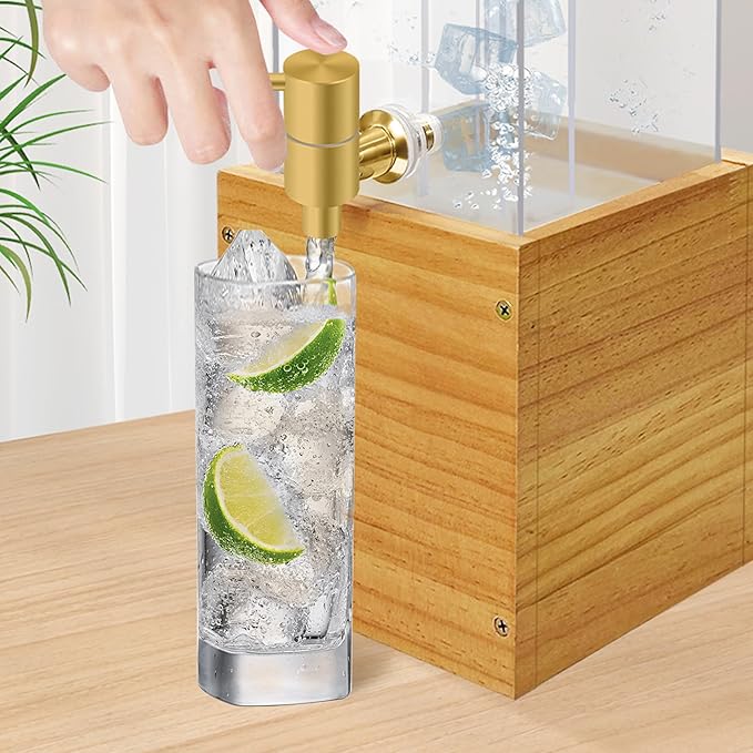 Beverage Dispenser with Stand, 2 Gallon Drink Dispenser, Drink Dispensers for Parties, Individual Ice Container (Wood)