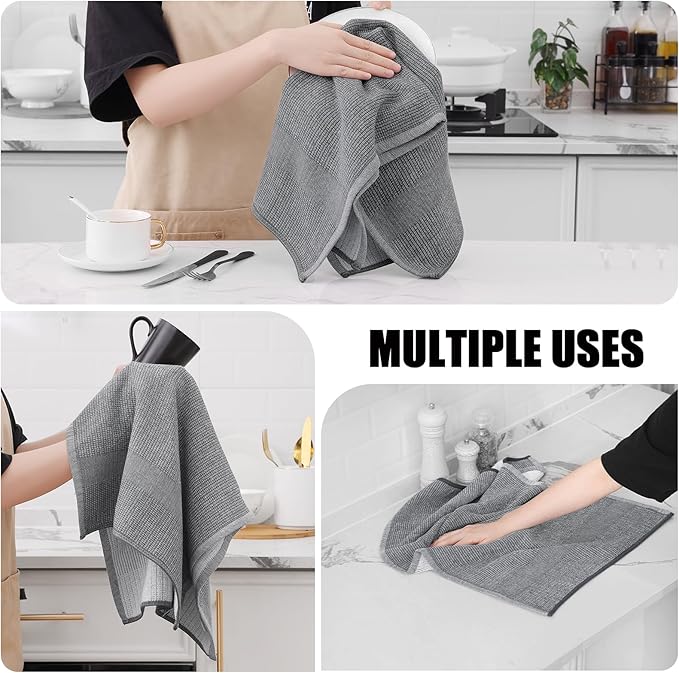 Homaxy Premium Kitchen Towels(18”x 28”, 12 Pack), Large Cotton Kitchen Hand Towels, Flat and Terry Dish Towels, 380 GSM Highly Absorbent Tea Towel Set with Hanging Loop, Grey