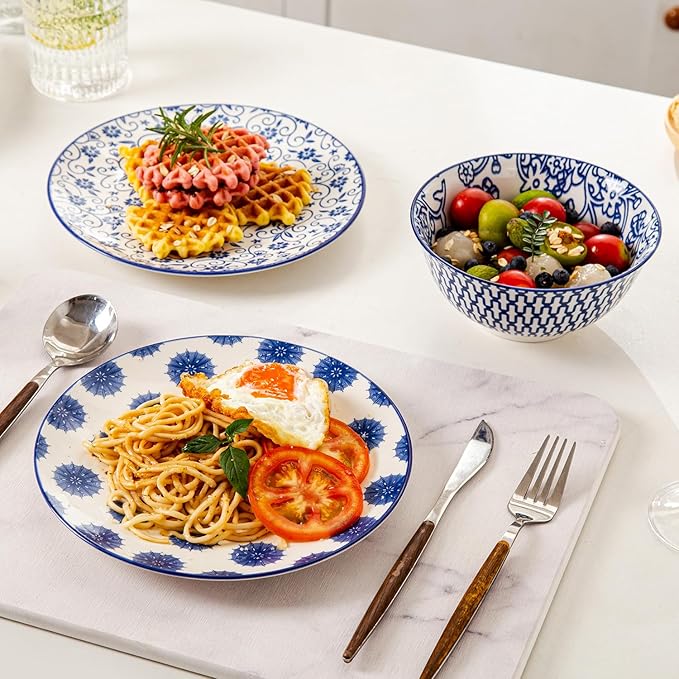 Ceramic Salad Plates Set - 8.5 Inch Small Round Dessert Dishes for Kitchen Dinner Pasta Appetizer Sandwich - Scratch Resistant Porcelain Microwave Oven Dishwasher Safe - Set of 6 - Vintage Blue