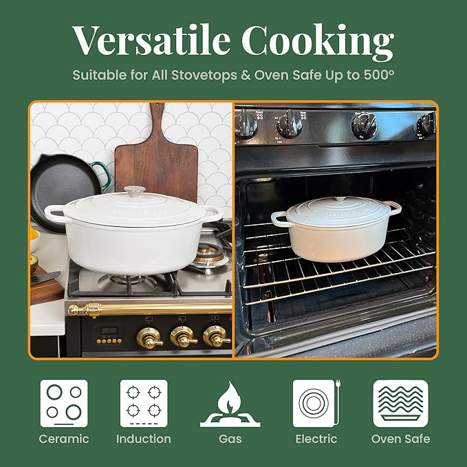 Larder & Vine Enameled Cast Iron 8 qt Dutch Oven Pot with Lid | Bread Baking | Compatible on All Cooktops & Oven Safe to 500° F | Great for Sourdough Bread | White