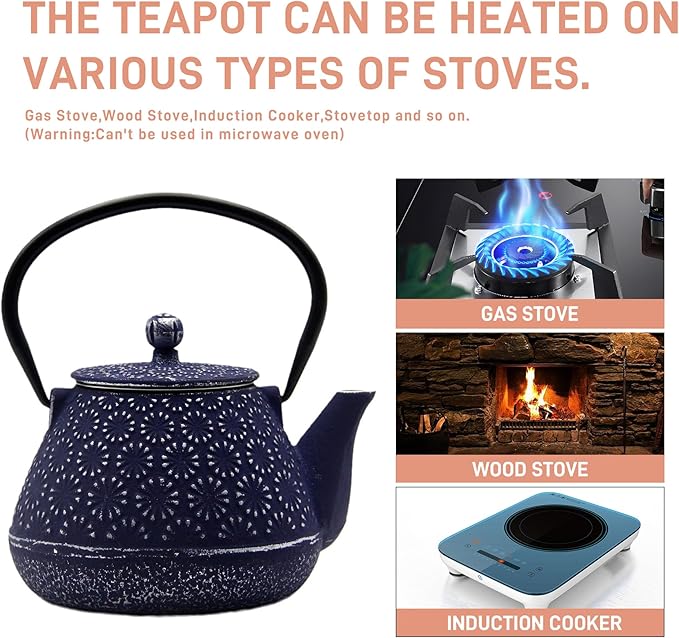 20.3oz Small Cast Iron Teapot, SECHUDO Cast Iron Tea Kettle for Stovetop Safe Coated with Enameled Interior, Cast Iron Tea Pot with Stainless Steel Infuser for Loose Tea (Blue Gerbera Pattern)