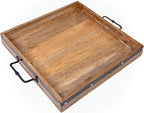 20"x20" Extra Large Square Ottoman Tray, Heavy Duty Mango Wood, for Serving Tea, Breakfast in Bed, Living Room Large Coffee Table Tray Rustic with Farmhouse Style, Decorative Handles and Accent Strap