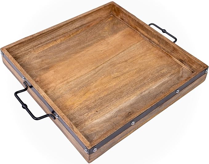 20"x20" Extra Large Square Ottoman Tray, Heavy Duty Mango Wood, for Serving Tea, Breakfast in Bed, Living Room Large Coffee Table Tray Rustic with Farmhouse Style, Decorative Handles and Accent Strap