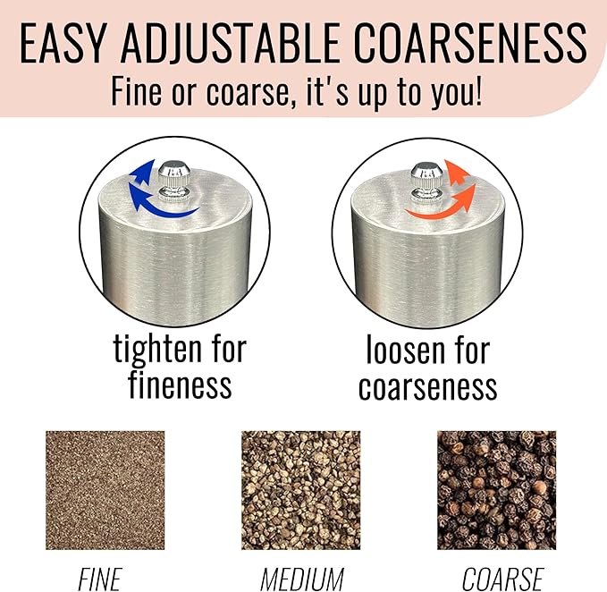 Salt and Pepper Grinder Set Manual 2 Pack | Large Round Salt and Pepper Shakers Set | 7.5 inch Stainless Steel Salt Grinder Refillable | Manual Pepper Grinder (Stainless Steel)