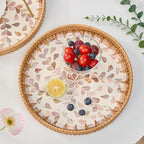 Round Rattan Tray for Home Decor 11.8 inch, Modern and Boho Decor Serving Tray with Mother of Pearl Inlay, Wicker Basket for Coffee Table, Hand Woven Decorative Tray Plates (Gold)