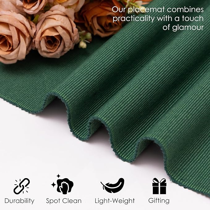 Foliage Green Placemats Set of 6, Cotton Ribbed Tabletop, Non-Slip Wrinkle Free Kitchen Table Mats for Dining Table, 13x19 Inch