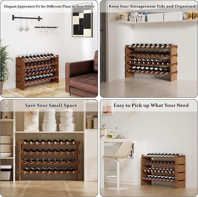 Bambloom Wine Rack Freestanding Floor, Stackable Wine Bottle Storage, Wooden Free Standing Wine Stand Organizer for Kitchen,Cellar. 36 Bottles Wine Holder Display Shelves for Champagne (Walnut)