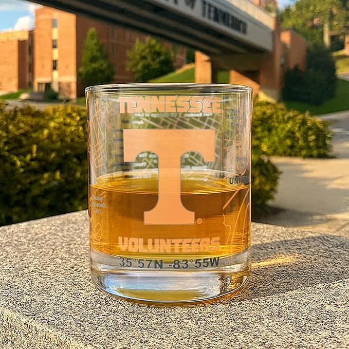 Greenline Goods – University of Tennessee Volunteers College Whiskey Glasses (Set of 2), 10 oz – Full-Color Logo + Campus Map