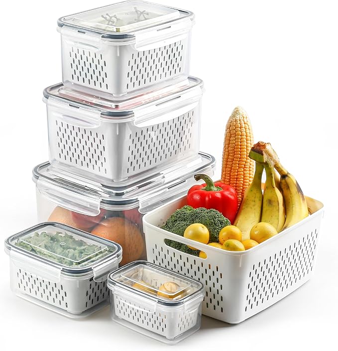 5 Set Fruit Storage Containers for Fridge with Colanders Dishwasher Safe, Leakproof Fruit and Vegetable Storage BPA-Free Plastic, Produce Storage Keep Berry Fruit Veggie Meat Fresh