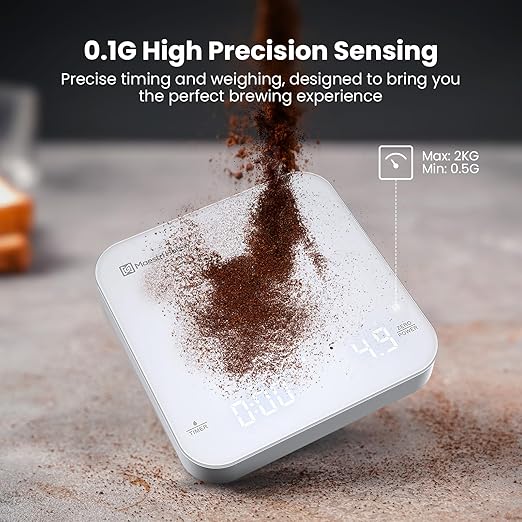 Maestri House Mini Coffee Scale with Timer, USB-C Rechargeable Espresso Scale, 2kg/0.1g Accurate Scale for Espresso and Pour-Over Coffee, Portable Digital Kitchen Scale with Auto Timer (White&Silver)