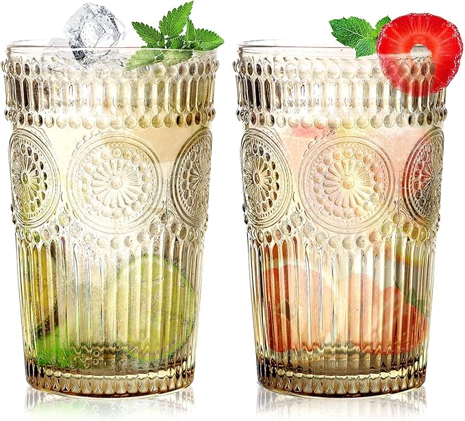 6pcs Vintage Drinking Glasses Set, 12 oz Tawny Highball Glasses, Embossed Ribbed Glassware Cups for Cocktail, Water, Juice, Coffee, Whiskey