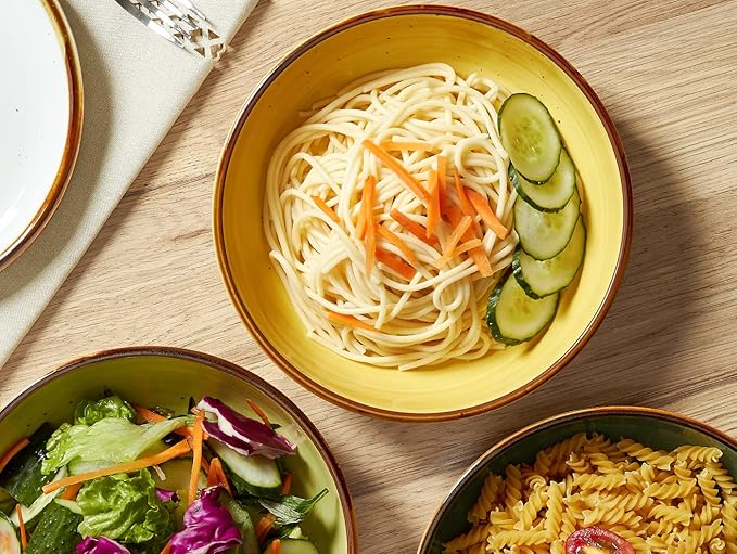 ONEMORE Pasta Bowls 30 Ounce Porcelain Salad Bowls Shallow Bowls for Pasta Set of 4 Shallow Bowl Plates, Microwave & Dishwasher Safe, Assorted Color