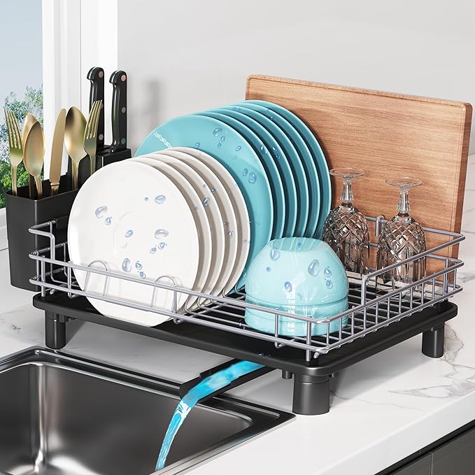 BOOSINY Dish Drying Rack for Kitchen Counter, Stainless Steel Dish Drainers with Drainboard Set, Space Saving, Compact Metal Plates Strainers Rack with Cup Holder, Utensil Holder