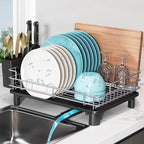 BOOSINY Dish Drying Rack for Kitchen Counter, Stainless Steel Dish Drainers with Drainboard Set, Space Saving, Compact Metal Plates Strainers Rack with Cup Holder, Utensil Holder