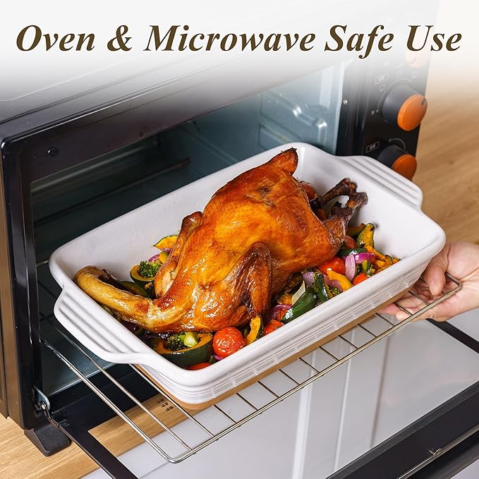 Casserole Dish Cookware , 14.5" Lasagna Pan Deep for Oven, Ceramic Baking Dish, Large Baking Pan with Handles, Durable Bakeware for Lasagna Cake Chicken Turkey, Wedding Housewarming Christma Gift, White