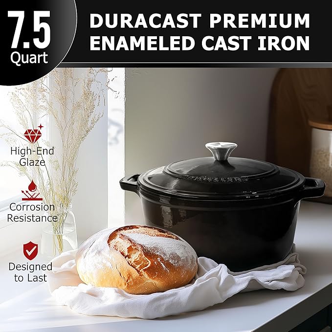 MÜELLERHOME 7.5 QT Enameled Cast Iron Dutch Oven, Heavy-Duty, Oven-Safe up to 500° F & Across All Cooktops, Casserole Dish and Braiser Pan with Lid and Stainless Knob, Black