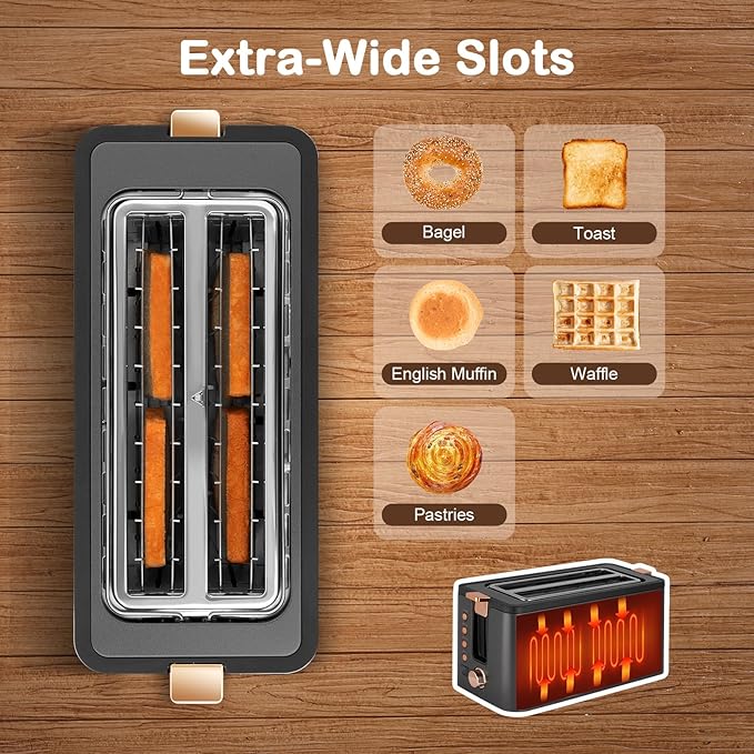 Mecity 4 Slice Toaster, Long Slot Toaster With Warming Rack, Bagel/Defrost/Reheat Functions,Warming Rack, Crumb Tray, 6 Browning Settings, Extra Wide Long Slots, Stainless Steel, 1300W,Grey