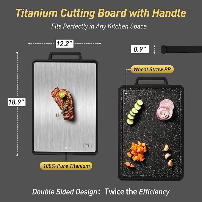 Titanium Cutting Boards for Kitchen Chopping Board with Handle Large Big Small Kitchen Meat Butcher Block Double Sided Pure Titanium and Wheat Straw PP Not Wood Bamboo Plastic Teak Black/Grey