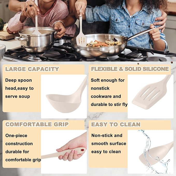 E-far 10 Pieces Silicone Cooking Utensils Set, Heat Resistant Kitchen Utensil Set for Nonstick Cookware, Kitchen Cooking Tools with Spatula, Spoon, Slotted Turner, Non-Toxic & Dishwasher Safe (Khaki)