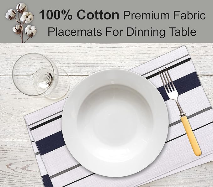 Ruvanti Placemats 100% Cotton 13x19 Inch, Dining Table Placemats Set of 6, Modern Place Mats for Dining Table Decor, Kitchen & Table Linens, Coffee Mat for Christmas Dinners - Navy Stripe